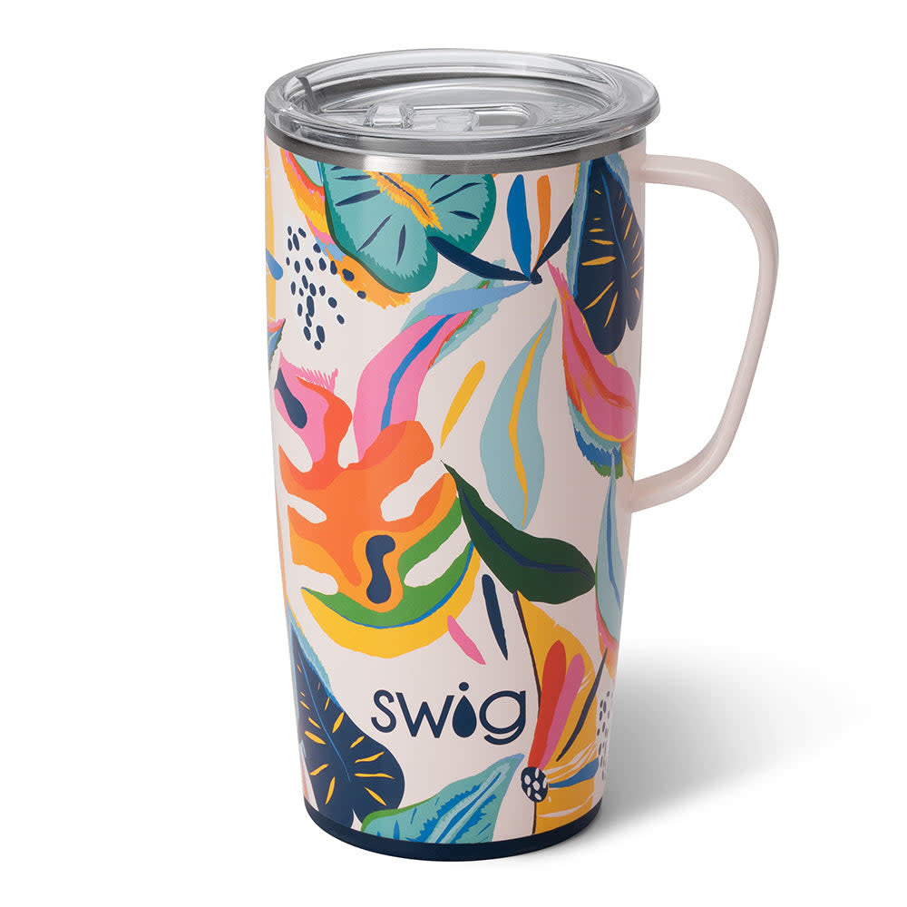 Silver stainless steel travel mug with a slim metal handle and silicone base.