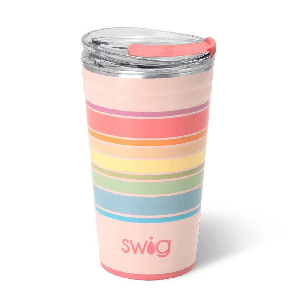 24oz insulated stainless steel party cup with a pastel striped pattern and a clear slider lid.