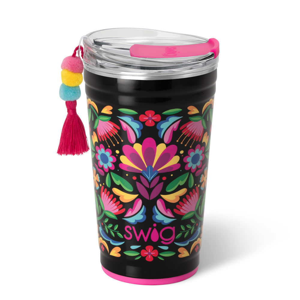 Black 24oz insulated stainless steel party cup with colorful floral pattern and pom-pom tassel.