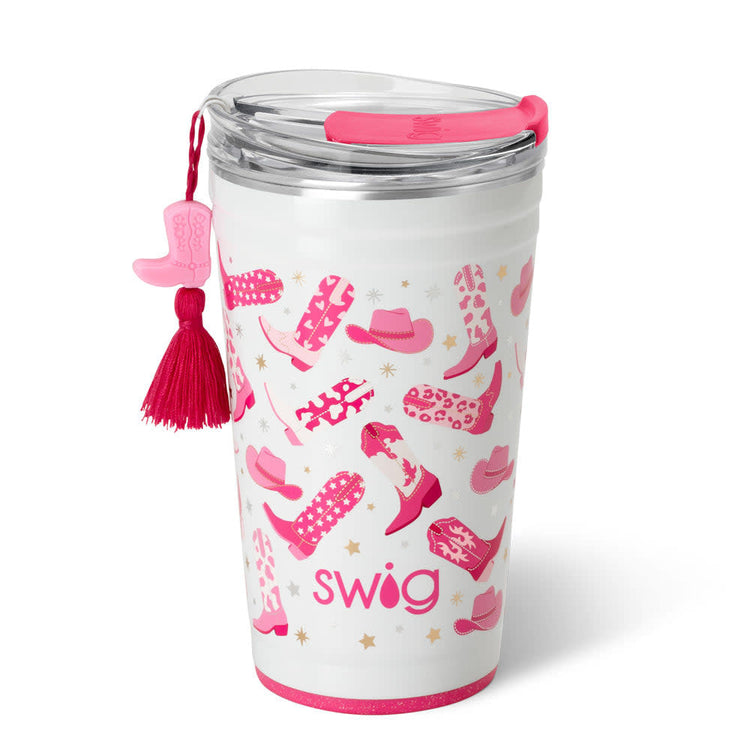 White 24oz insulated stainless steel party cup with pink cowboy boot and hat pattern and tassel.