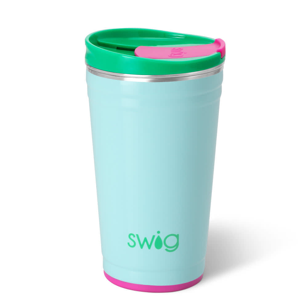Light blue 24oz insulated stainless steel party cup with a green lid and pink silicone base.