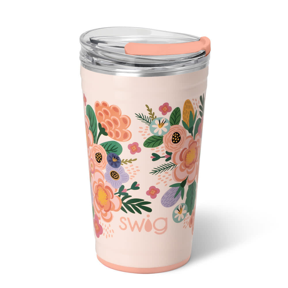 24oz insulated stainless steel party cup with a pink floral pattern and a clear slider lid.