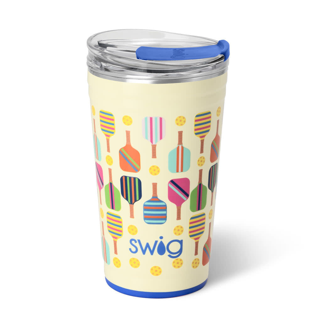 Cream-colored 24oz insulated stainless steel party cup with a colorful pickleball paddle pattern.