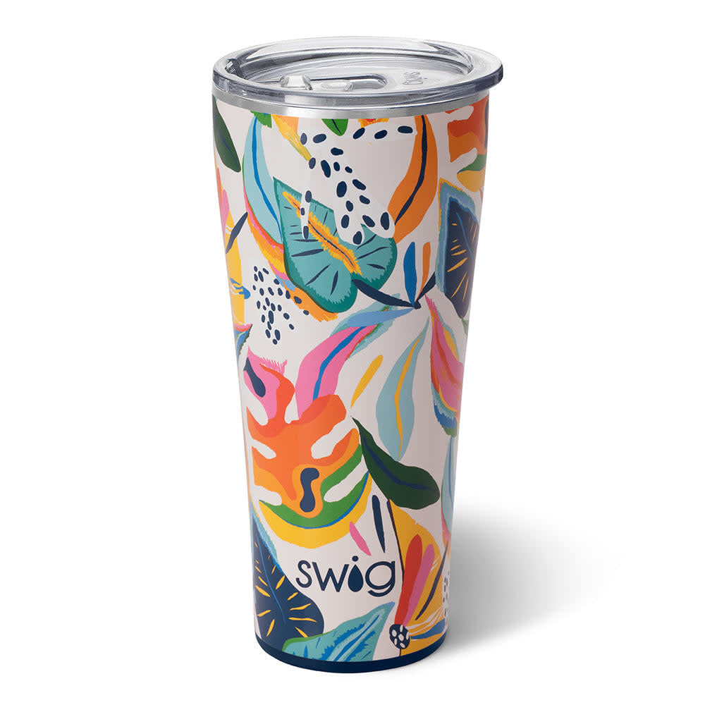 32oz stainless steel tumbler with a colorful tropical leaf and animal print pattern.