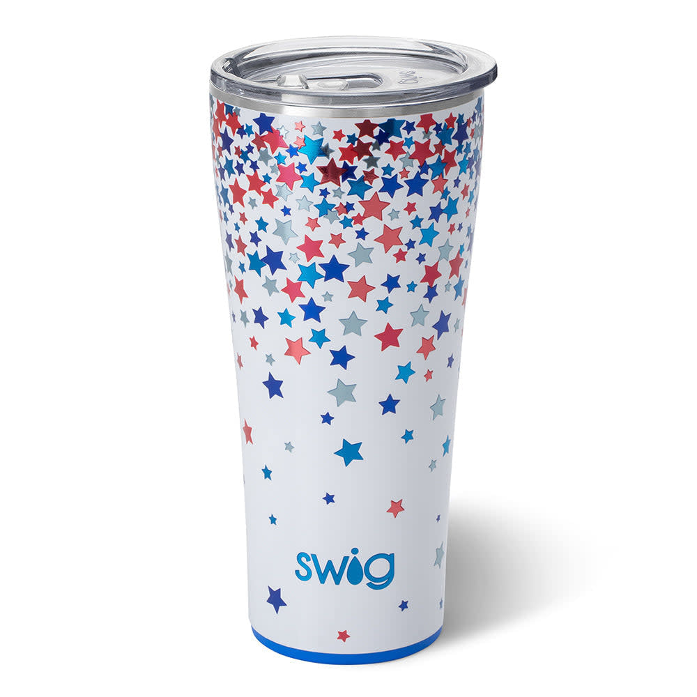 32oz stainless steel tumbler with a white base and a red, blue, and silver star pattern.