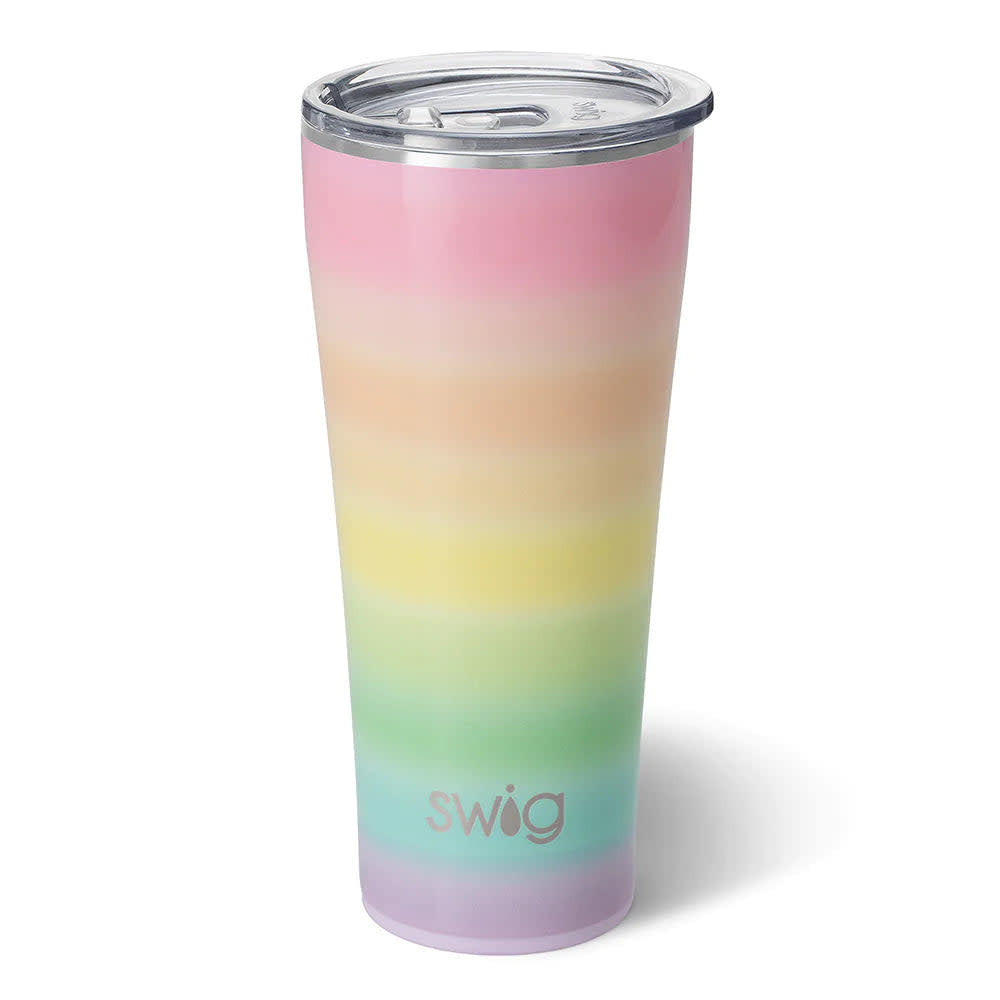 32oz stainless steel tumbler with a pastel rainbow gradient and a clear lid.