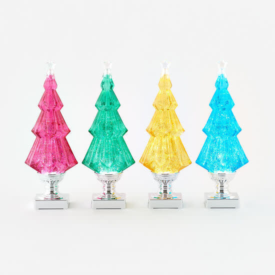 Acrylic swirly glittered tree on base with shimmering holiday pattern