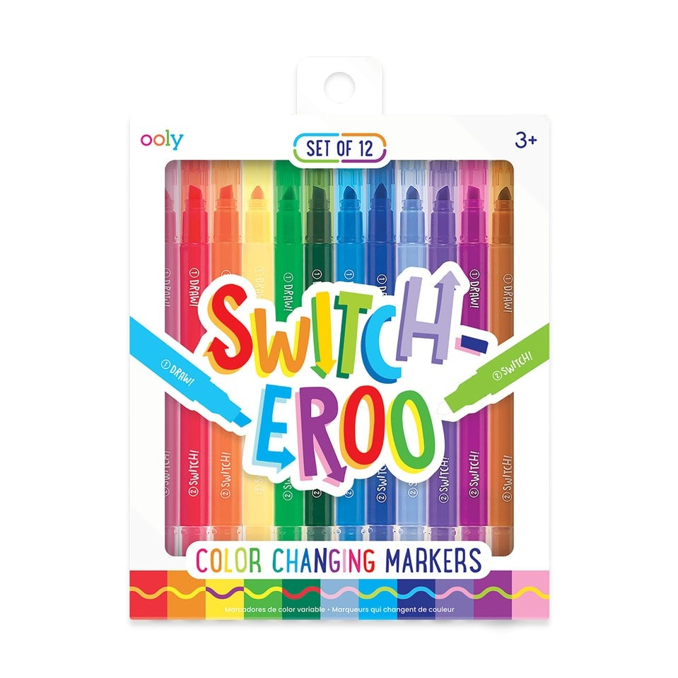 Set of twelve chiseled-tip markers with chunky barrels in assorted mystery colors.