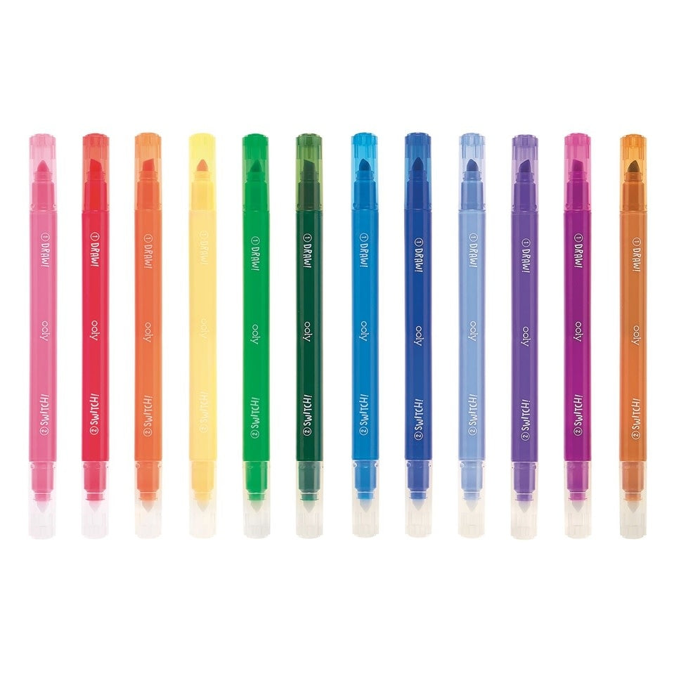 Set of twelve chiseled tip markers with chunky barrels in assorted colors.