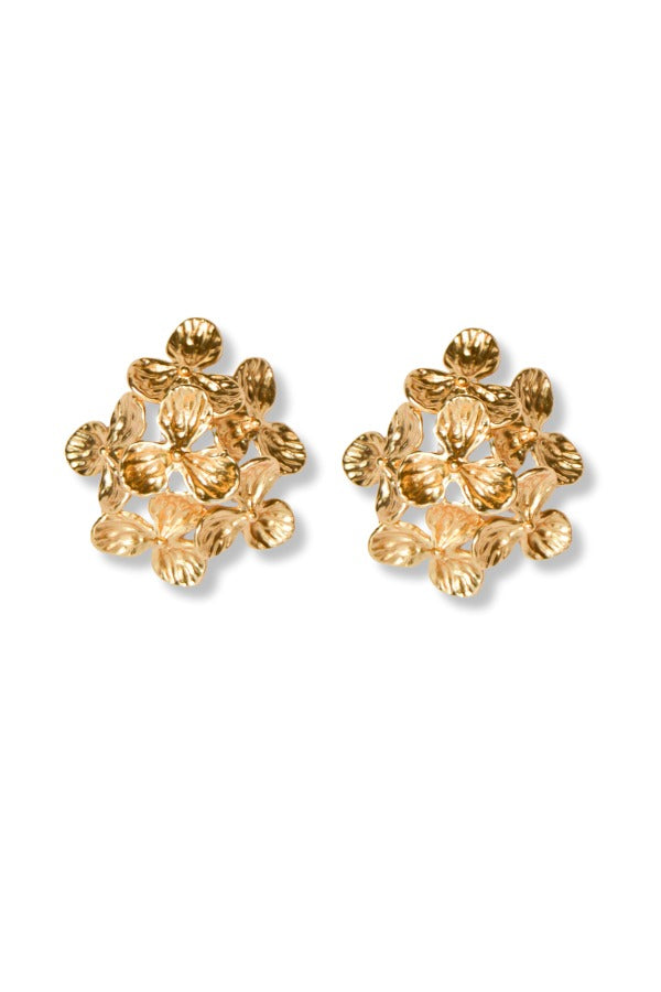 WS Eva gold floral stud earrings featuring a cluster of textured three-petal flowers.