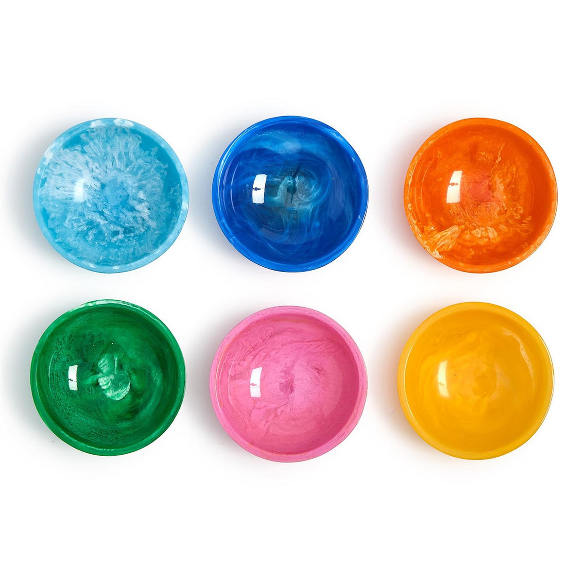 Six colorful round resin tidbit bowls in blue, orange, green, pink, and yellow on a white surface.