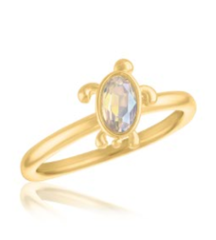 Gold-plated brass ring featuring a turtle-shaped setting with an oval white opal cubic zirconia.