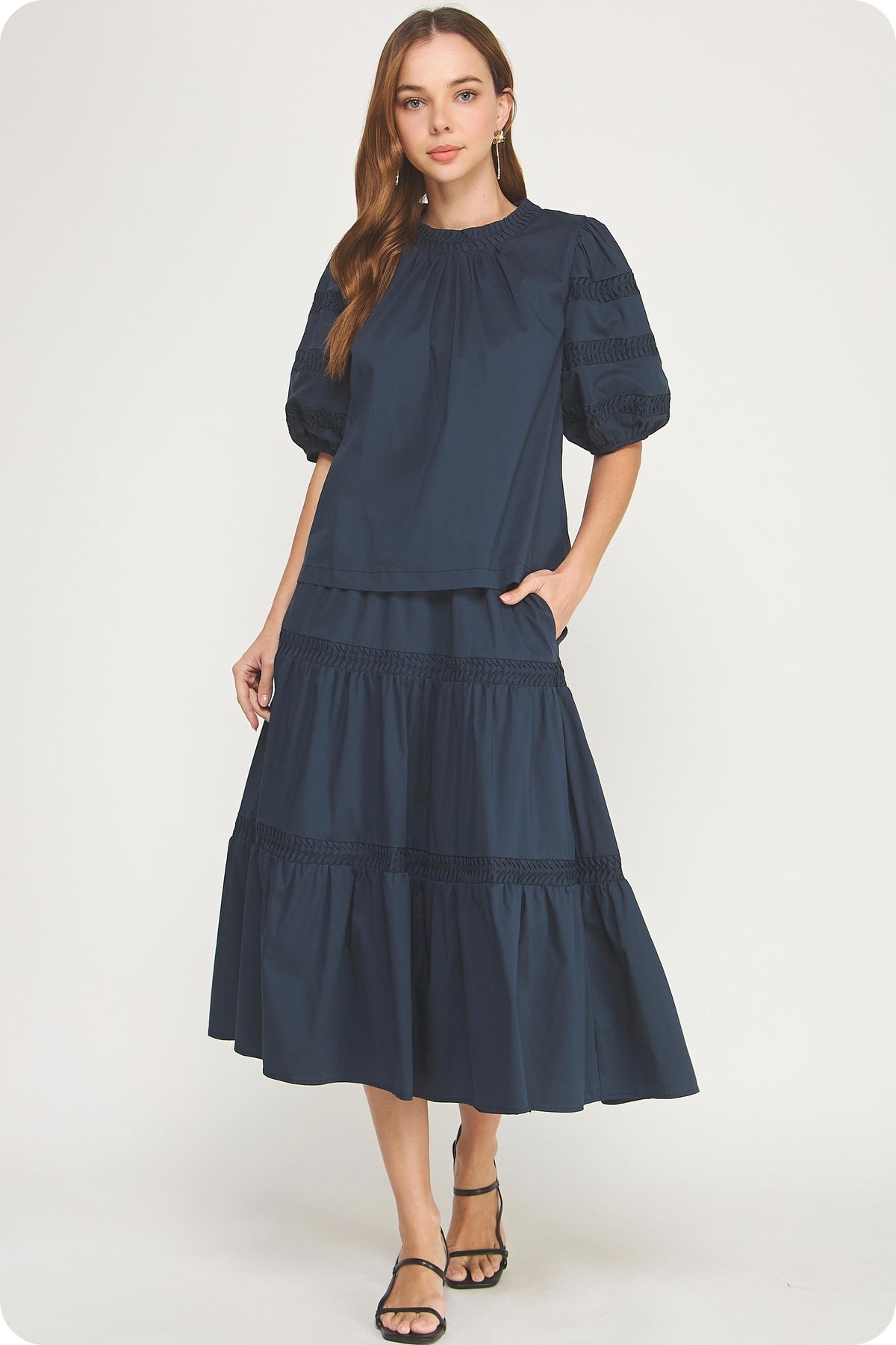 Venice Reverse Pintuck Puff Sleeve Top in light fabric with gathered neckline.