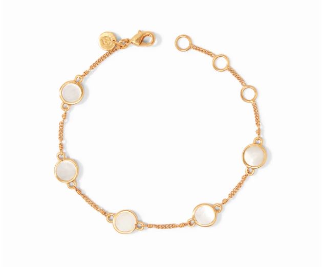 Delicate adjustable bracelet featuring a mother-of-pearl stone set in 24K gold plate.