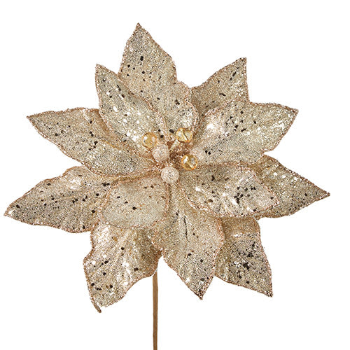 Artificial champagne poinsettia flower with glittered petals on a stem.