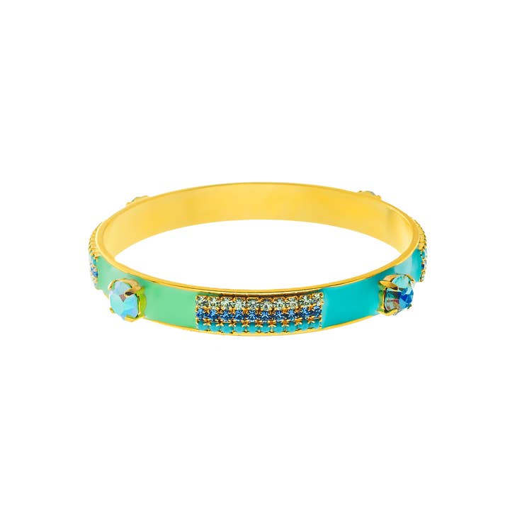 Antique gold brass bangle with colorful enamel hand painting and sparkling crystal accents
