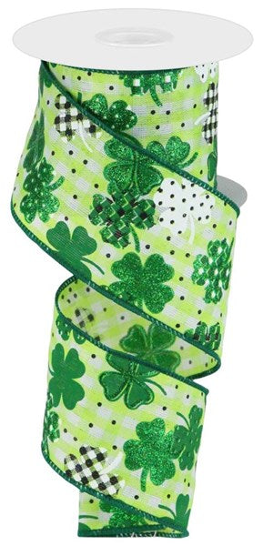 Lime green polyester fabric with white shamrock patterns on a black background.