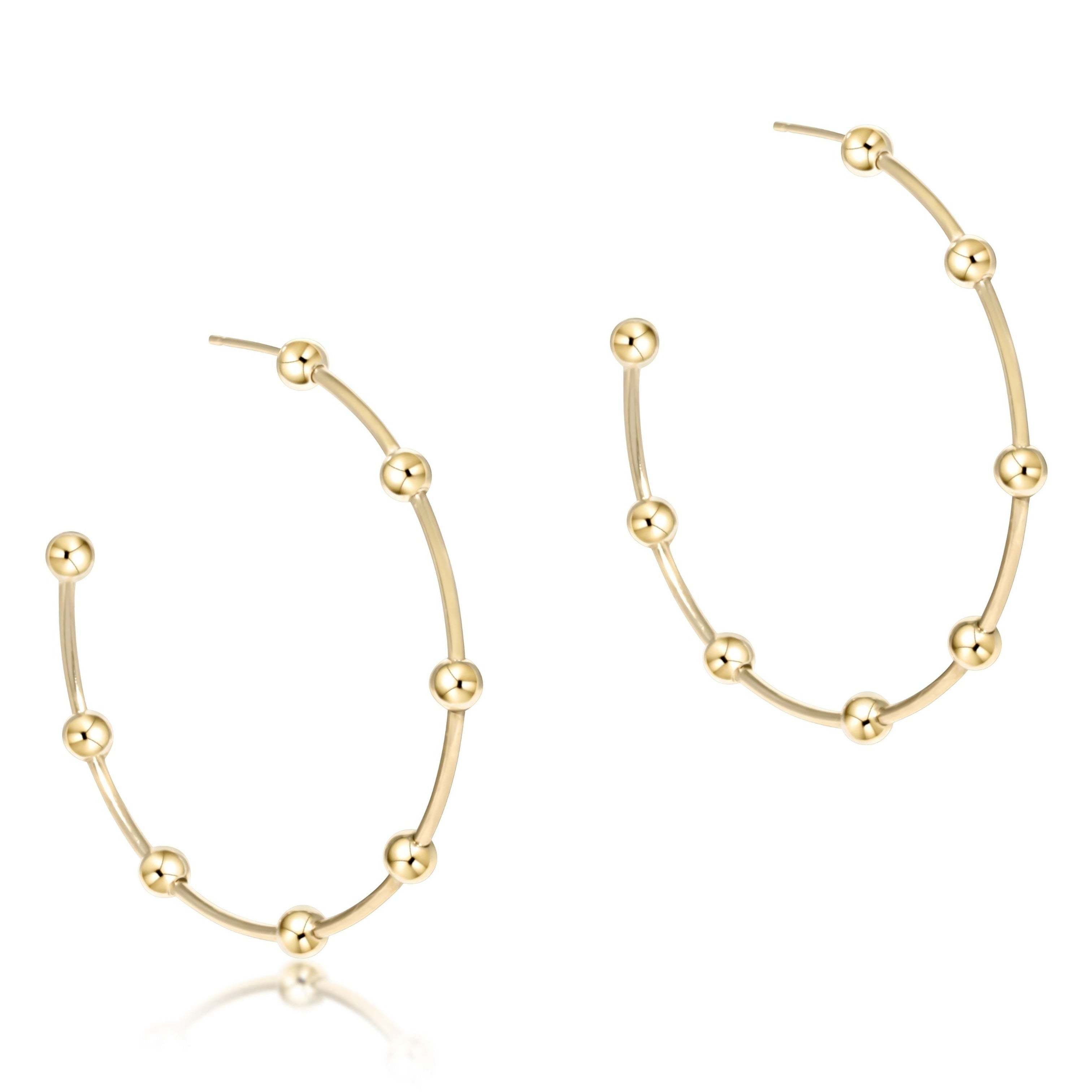 Pair of 1.5 inch gold-filled post hoop earrings featuring 4mm gold beads.
