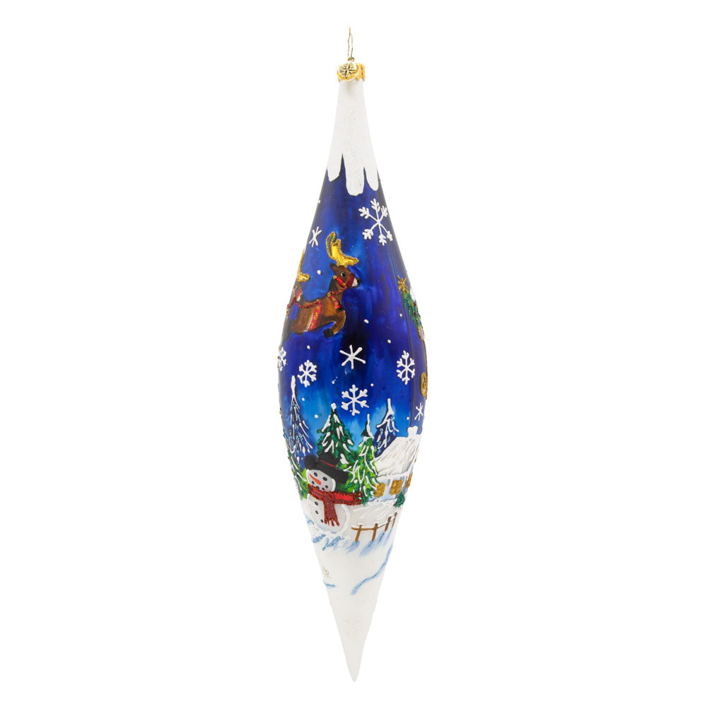 Moonlight Sleigh Ride Icicle glass ornament with hand-painted winter scene, snowman, and reindeer.