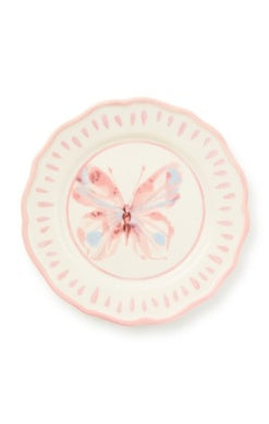 Butterfly Hill Salad Plate featuring a pink watercolor butterfly and scalloped edges.