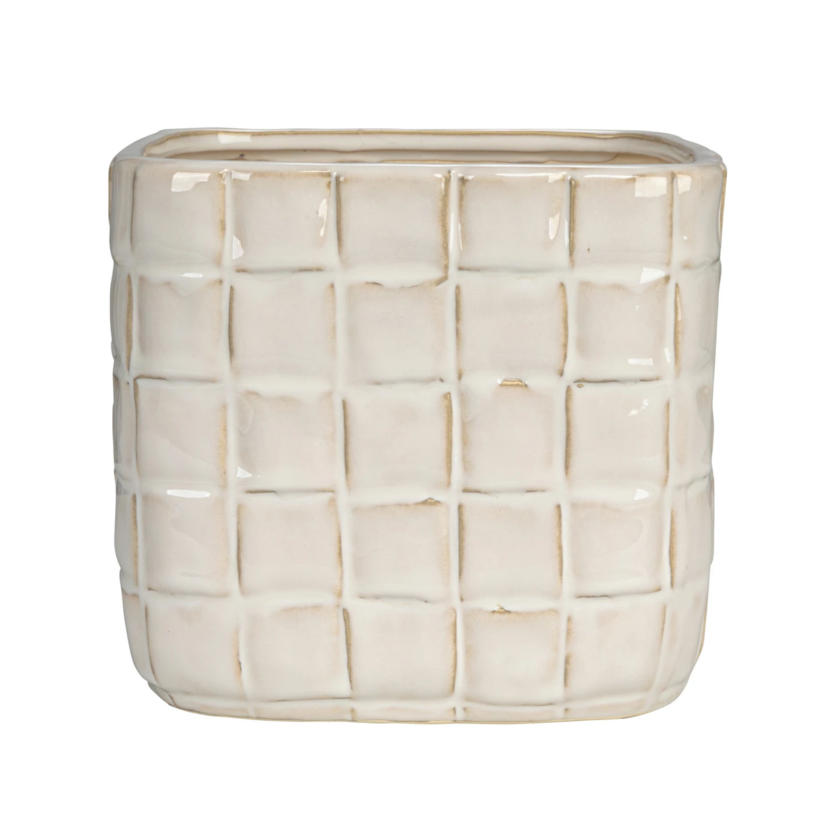 Square stoneware garden planter with woven reactive glaze pattern in earthy tones