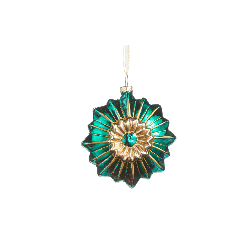 4-inch teal and gold glass jeweled medallion Christmas ornament with a starburst design.