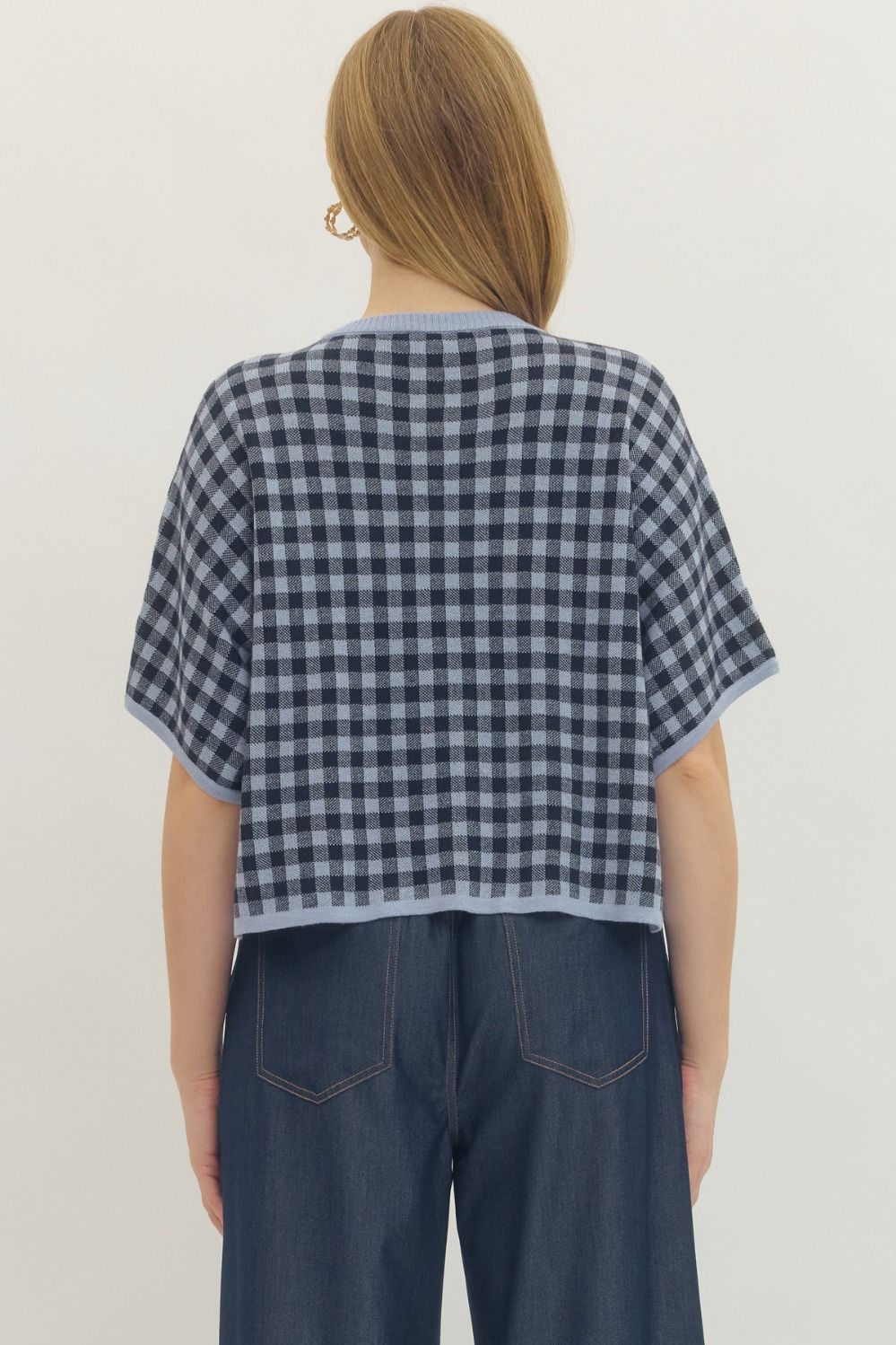 Eleanor gingham short sleeve cropped knit top with contrast rib trim