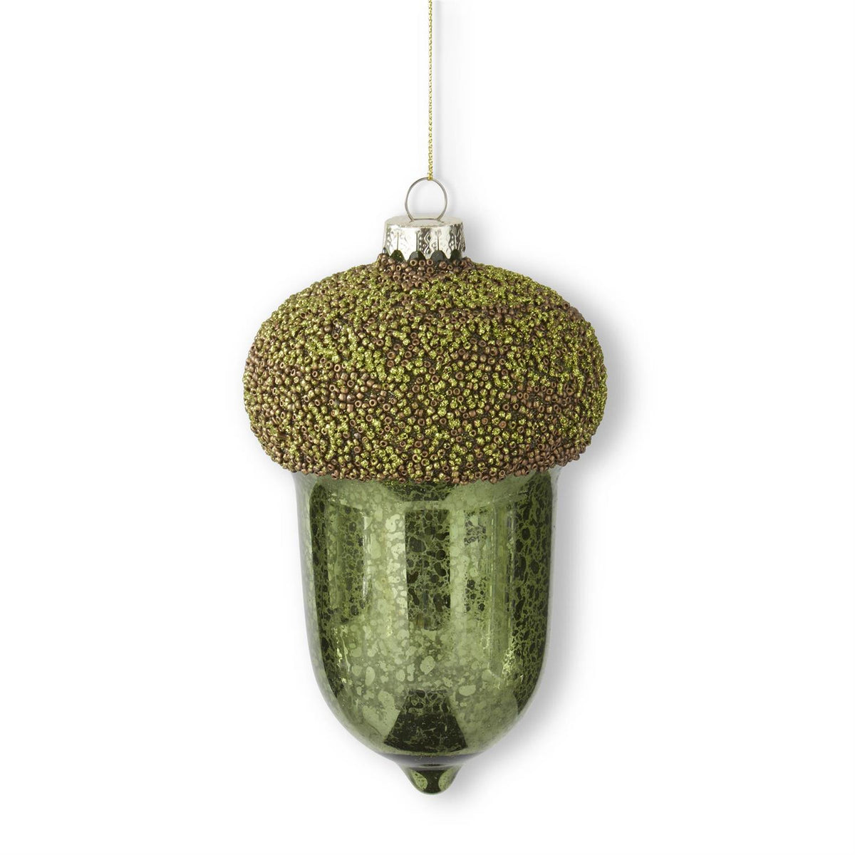 6.5 inch green mercury glass acorn ornament with a glittered beaded top and gold hanging string.