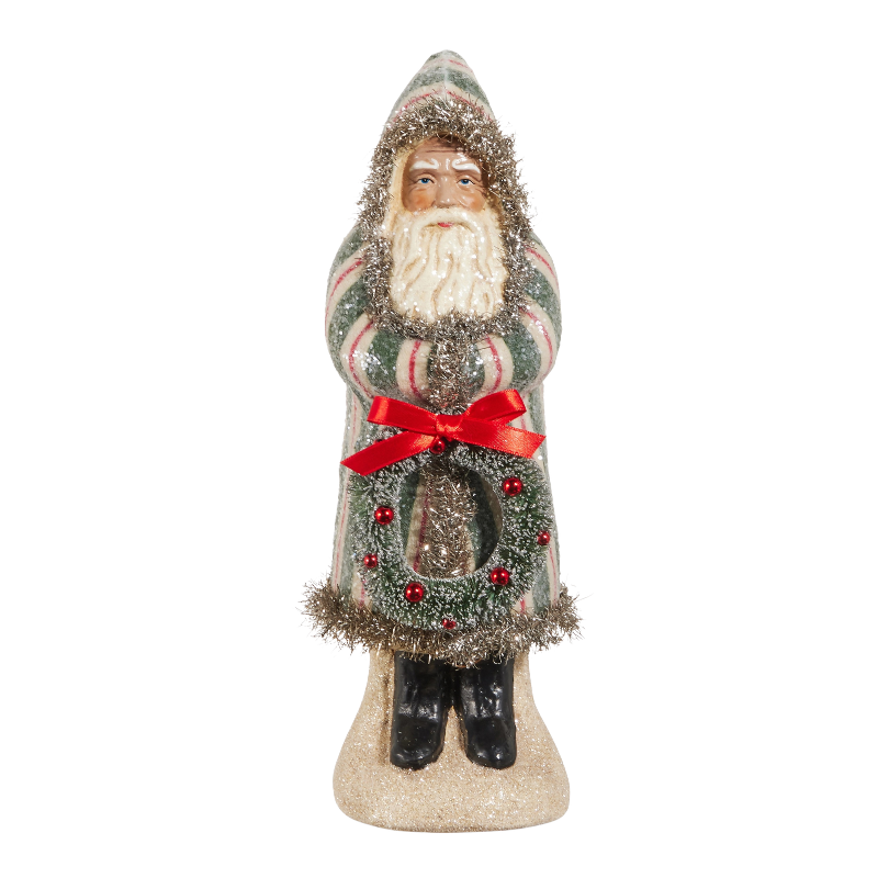 12-inch Old World Santa figurine in a green and red striped robe holding a wreath with a red bow.