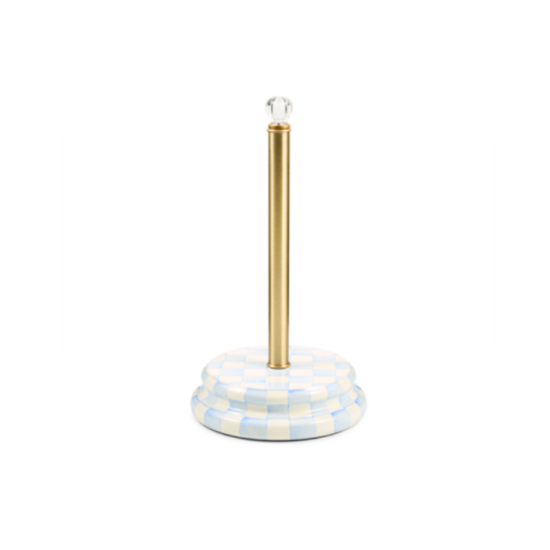 Check Paper Towel Holder with a light blue and white checkered base, gold post, and glass knob.