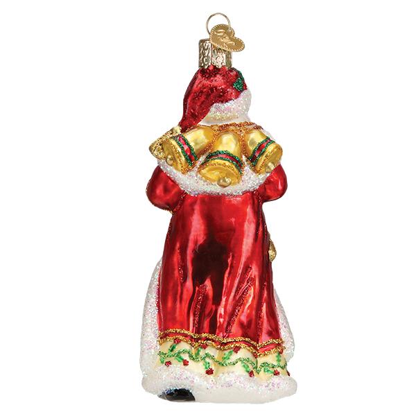 Back view of a Father Christmas glass ornament in a red robe with three gold bells on his back.