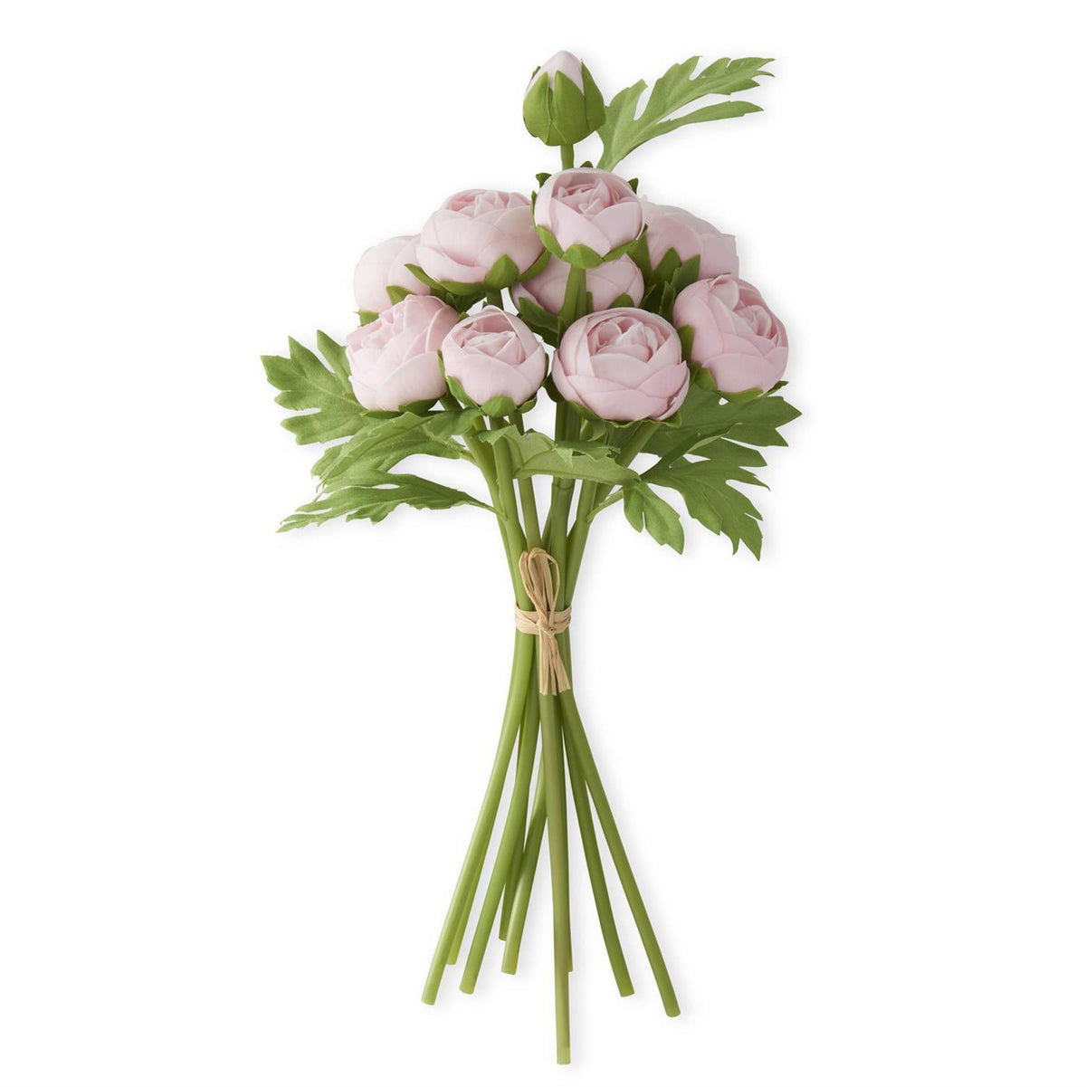 Bundle of fifteen-inch artificial ranunculus flowers with realistic petals in natural tones.
