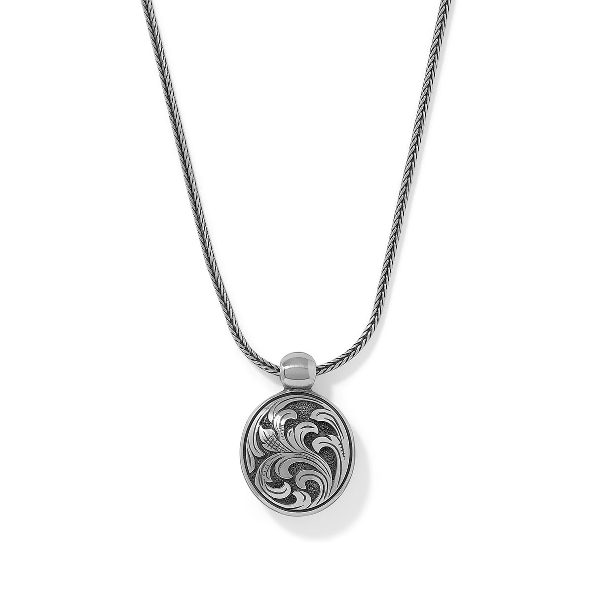 Ferrara Florentine Necklace featuring a round silver pendant with intricate scrollwork on a chain.