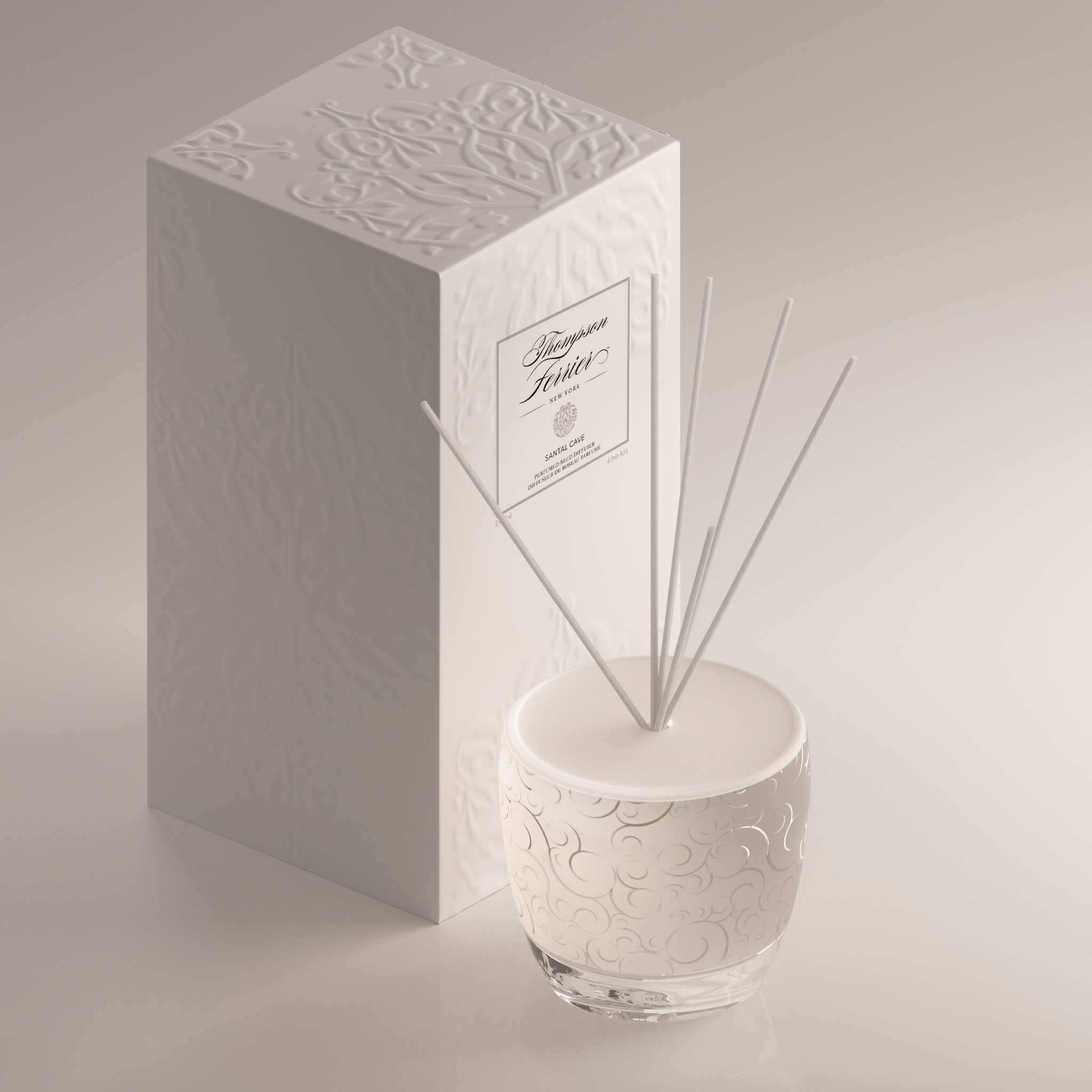 Santal Cave reed diffuser bottle with natural wood sticks in a neutral-toned glass container.