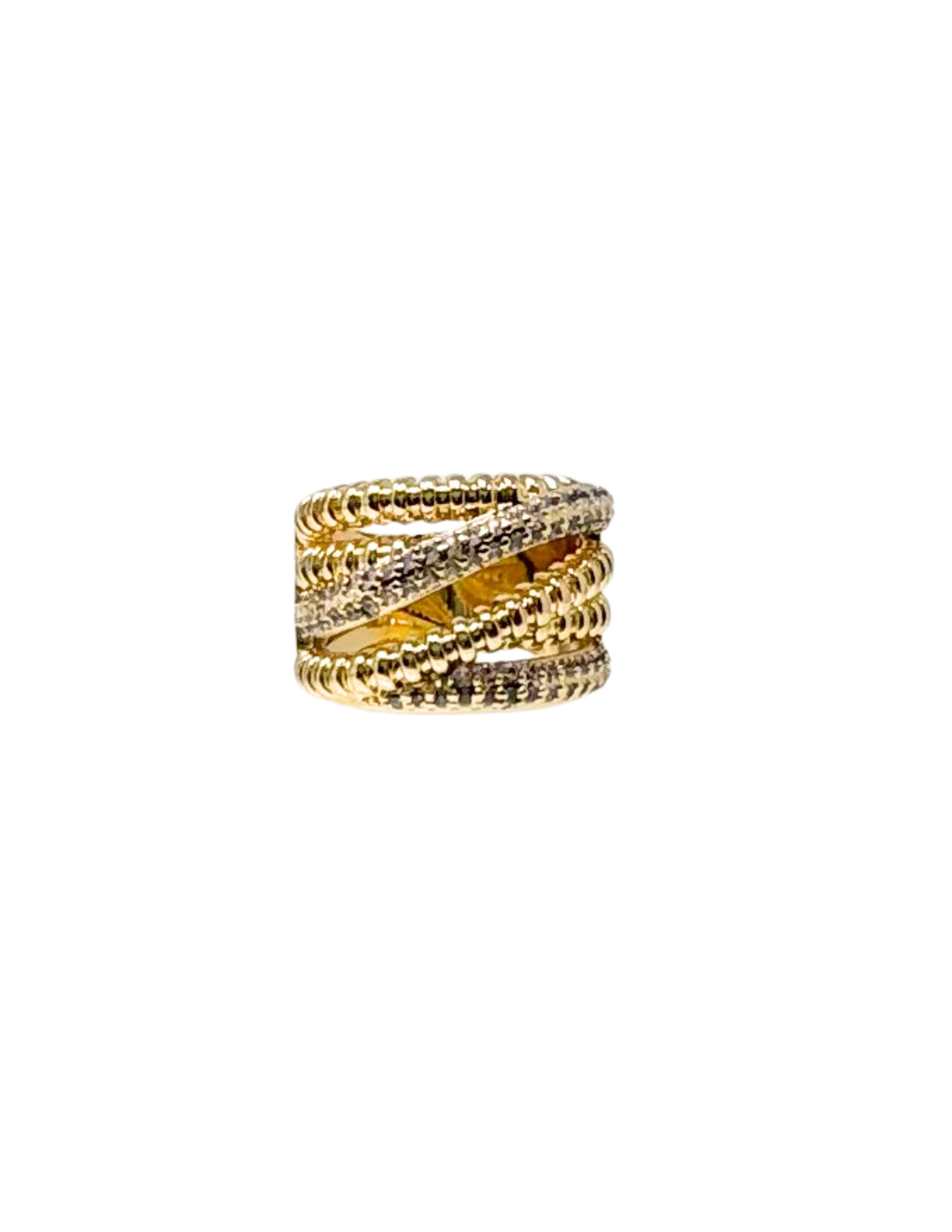 Gold chunky statement ring with a multi-layered crossover design and textured metal finish.