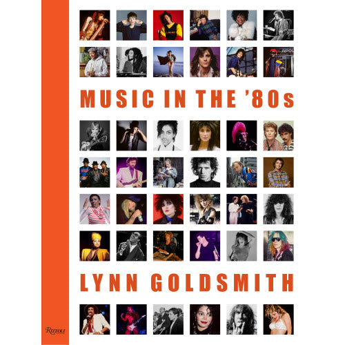 Book cover 'Music in the '80s' by Lynn Goldsmith, featuring a collage of 1980s musicians.