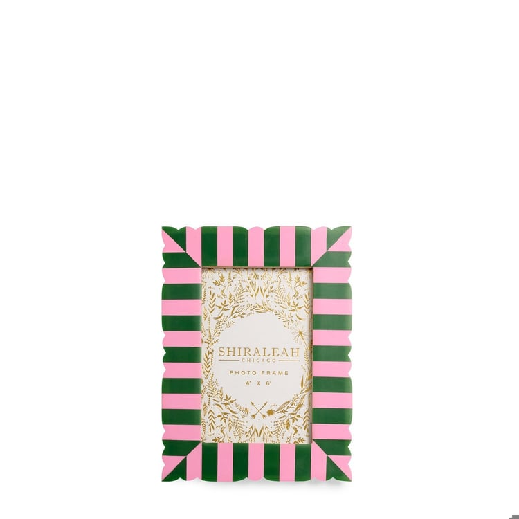 Viva 4x6 picture frame with pink and green stripes and a wavy scalloped edge.