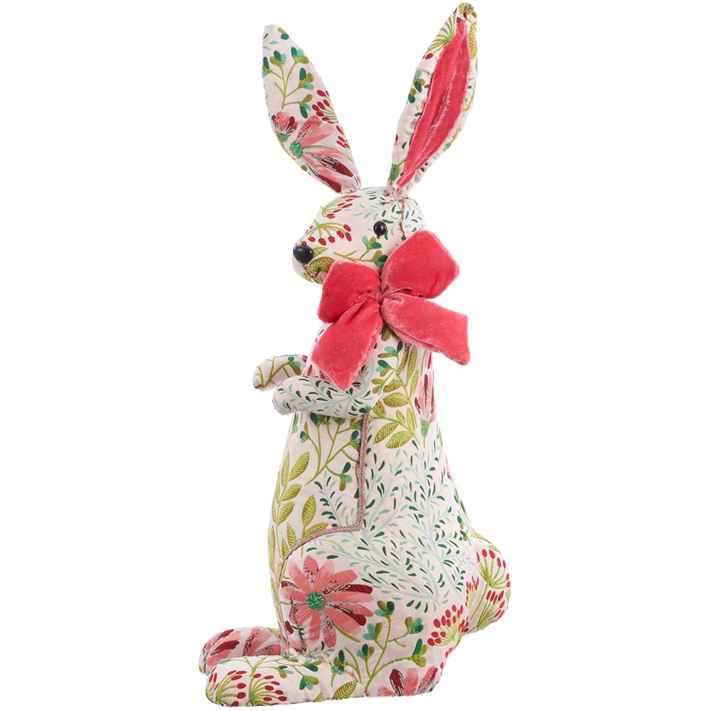 Pink bunny plush toy with green accents measuring 22 inches tall.