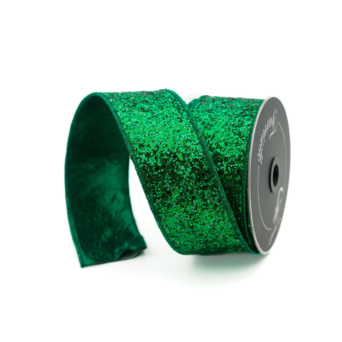Emerald green chunky glitter ribbon roll measuring 2.5 inches wide by 10 yards long.