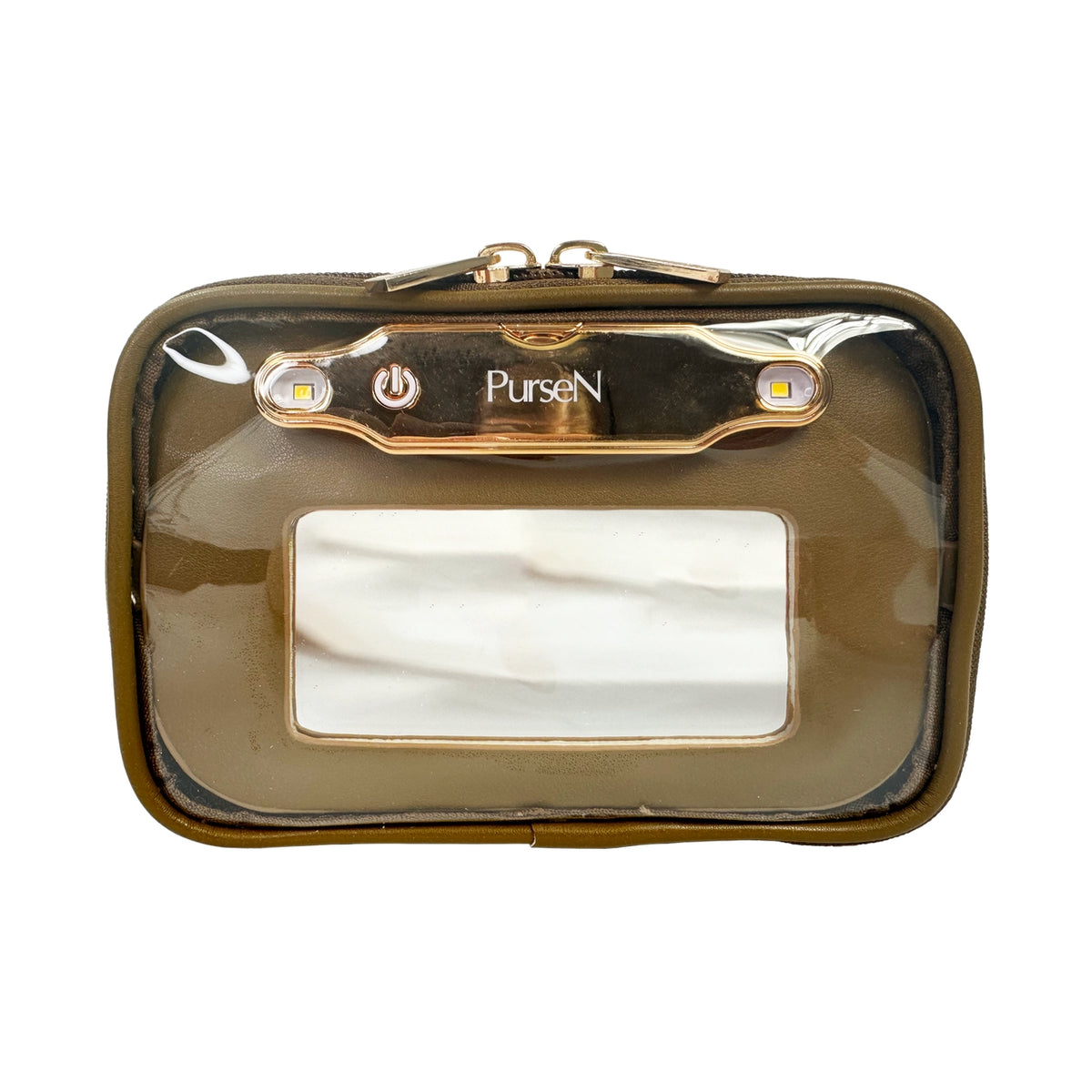 Littmini lighted mirror case in vegan leather with clear PVC front pockets and zipper closure.