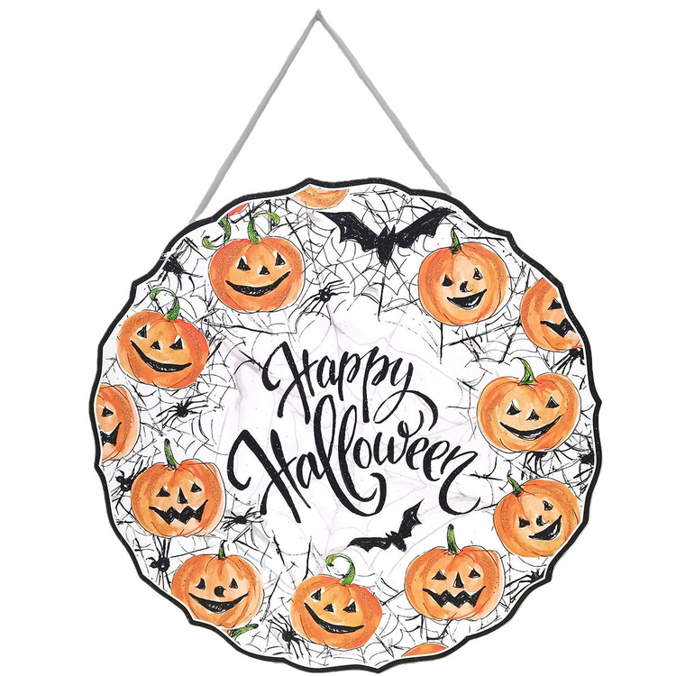 Round PVC door hanger with jack-o'-lanterns, bats, and spiderwebs around 'Happy Halloween' script.