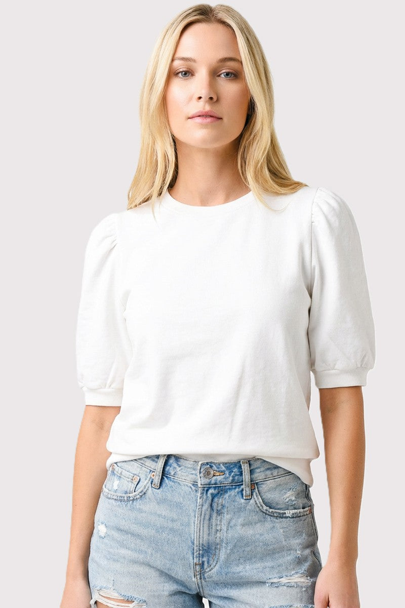 Eloise solid sweatshirt with puff half sleeves in cotton-spandex blend.
