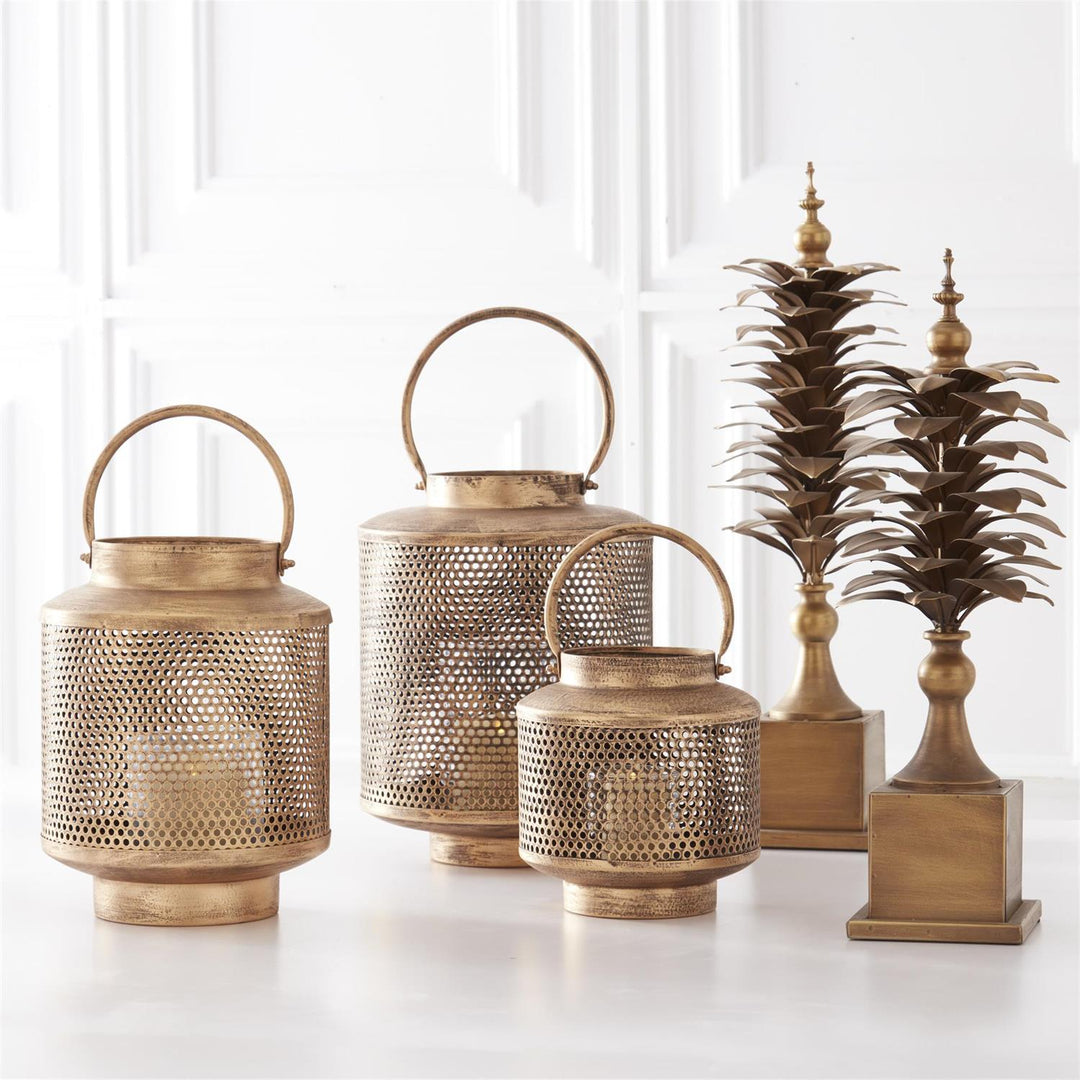 Gold Metal Mesh Lantern with Glass Hurricanes