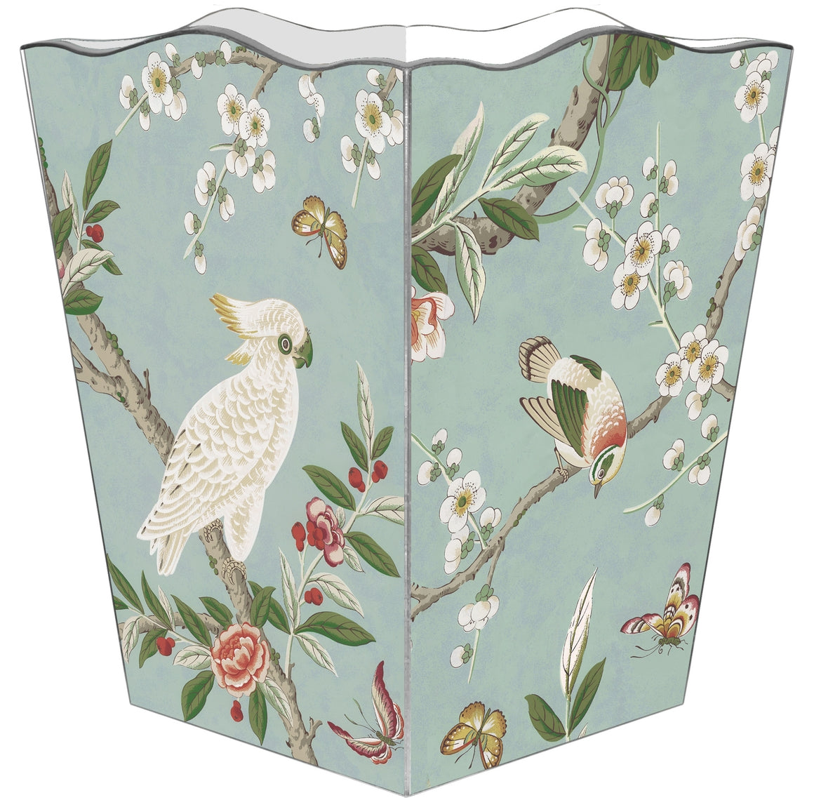 Scalloped-top wastepaper basket with gold-painted edges on a water-resistant exterior.