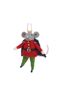 Handcrafted wool mouse nutcracker ornament wearing a red jacket, green pants, and a blue cape.
