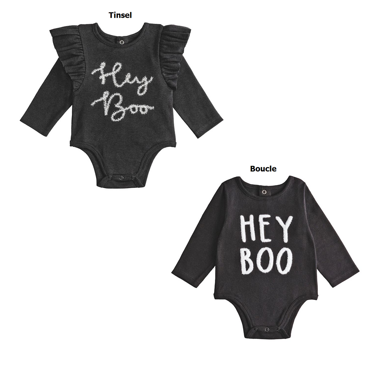 Two black long-sleeve Halloween baby bodysuits with "Hey Boo" in tinsel and boucle embroidery.