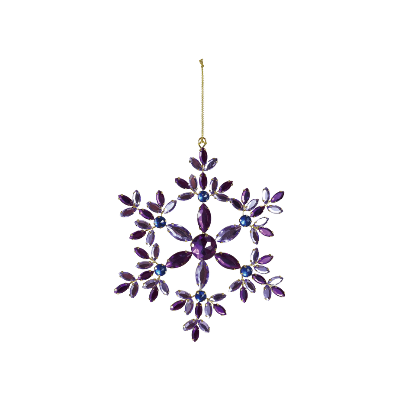 Metal snowflake ornament with purple and blue acrylic jewels and a gold hanging string.