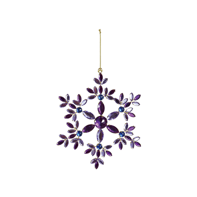 Metal snowflake ornament with purple and blue acrylic jewels and a gold hanging string.