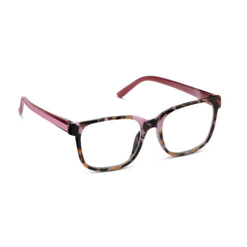 Pink Sycamore eyeglasses with a rectangular frame featuring spring hinges and blue light filtering lenses.