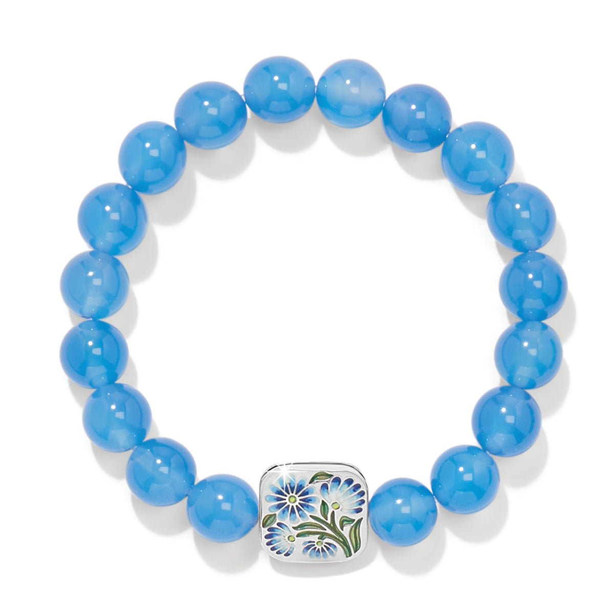 Blue stretch bracelet with dyed agate beads and silver plated enamel finish.